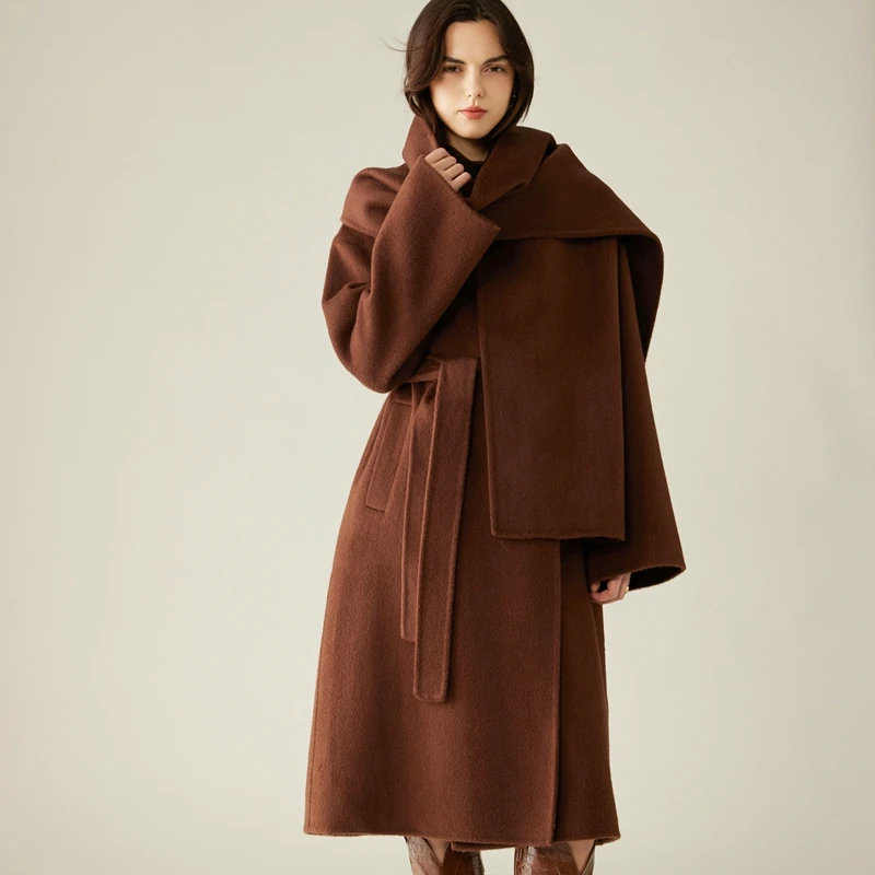 High-End Women's Coat with Scarf 30% Camel Wool Double-Sided 70% Wool Coat Long Autumn and Winter Warm V-neck Women's Clothing