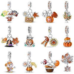Original 925 Sterling Silver Autumn Series Maple Leaves Scarecrow Pumpkin Squirrel Charms Beads Fit S925 Bracelet DIY Jewelry