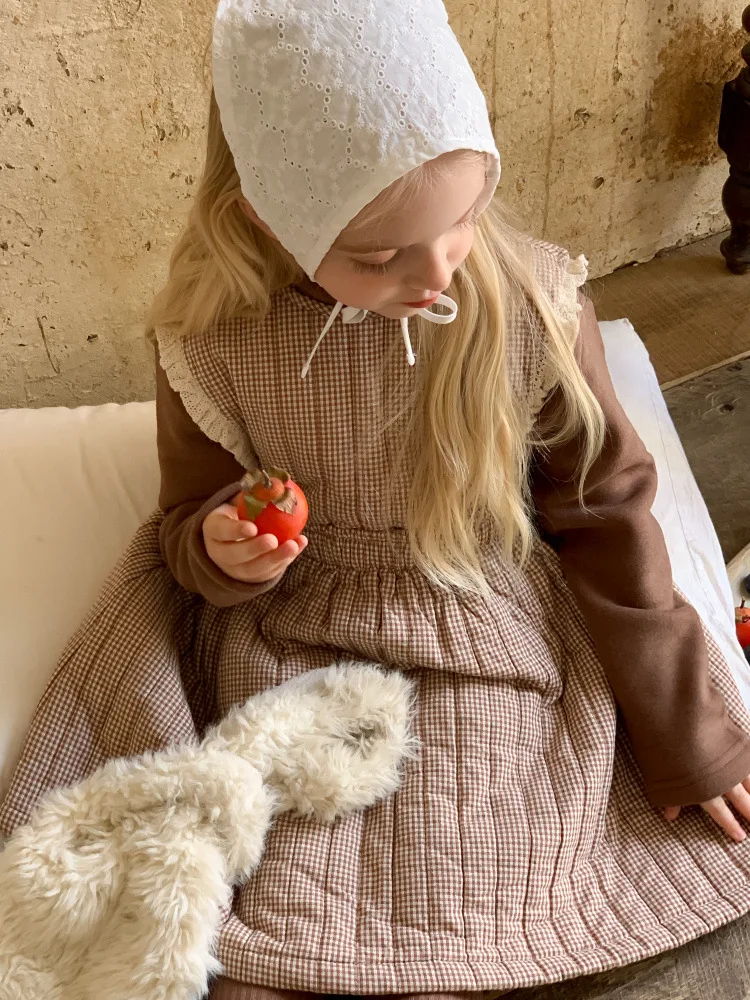 

Girl Casual Dresses Lace Flower Edge Sleeve Cotton Thickening Autumn Winter Vest Baby Princess 2025 Round Collar Striped