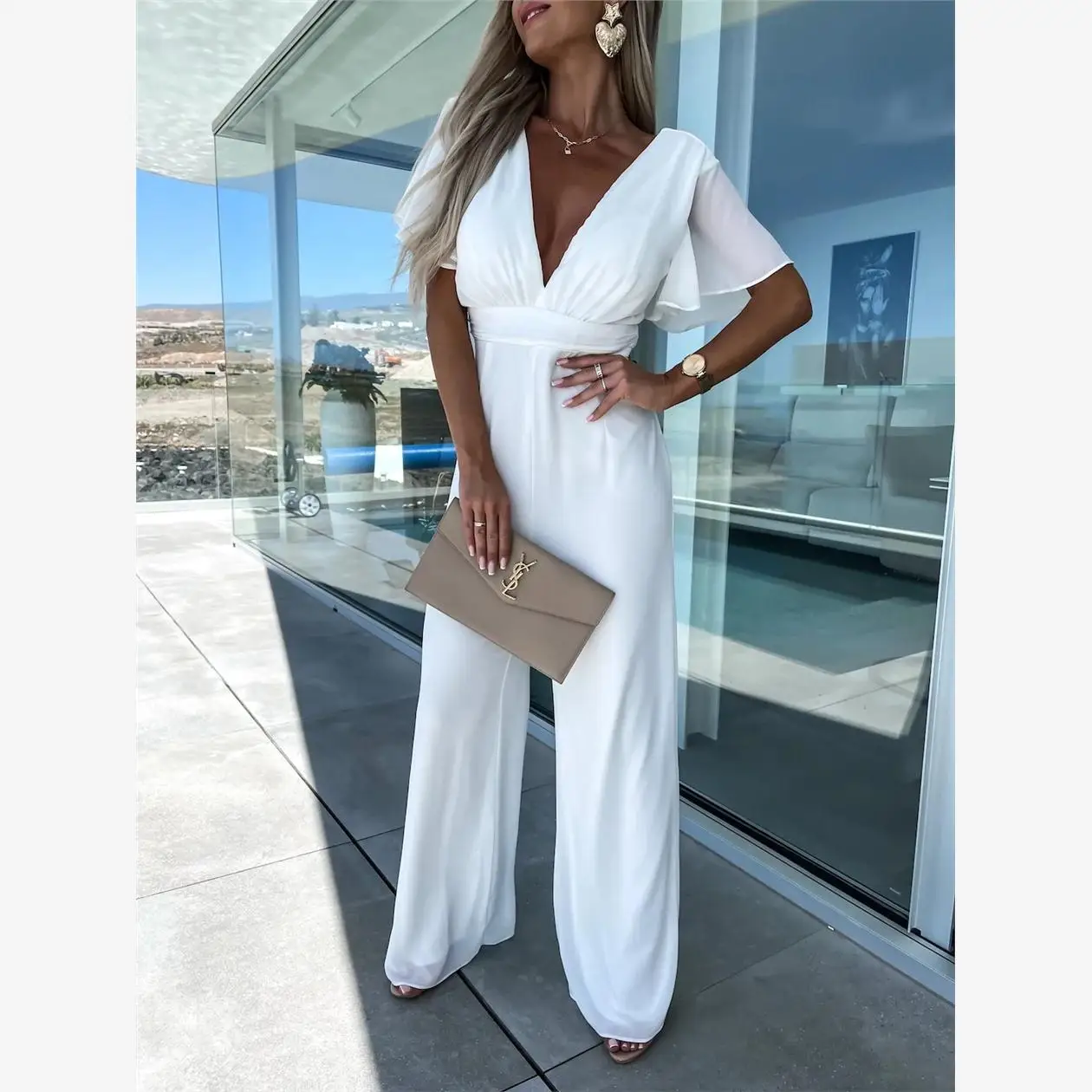 V-Ne Casual ort Sve Wide Leg Jumpsuit Street Sle High Waist Long Pants Polyester Fabric Summer 2023 Regular Thin