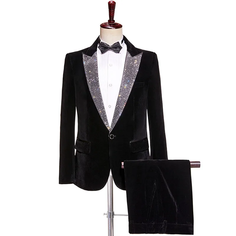 Men Black Velvet Suit Shiny Rhinestones Collar Blazer Pants 2 Piece Set Wedding Groom Evening Host Singer Formal Tuxedo Outfits