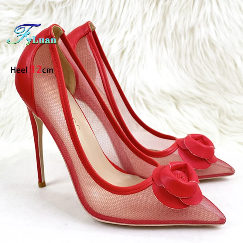 Summer 8-12CM Stiletto Fashion Pointed Banquet Shoes Lady Red breathable Mesh High Heels Single Shoes Wedding Party Women Pumps