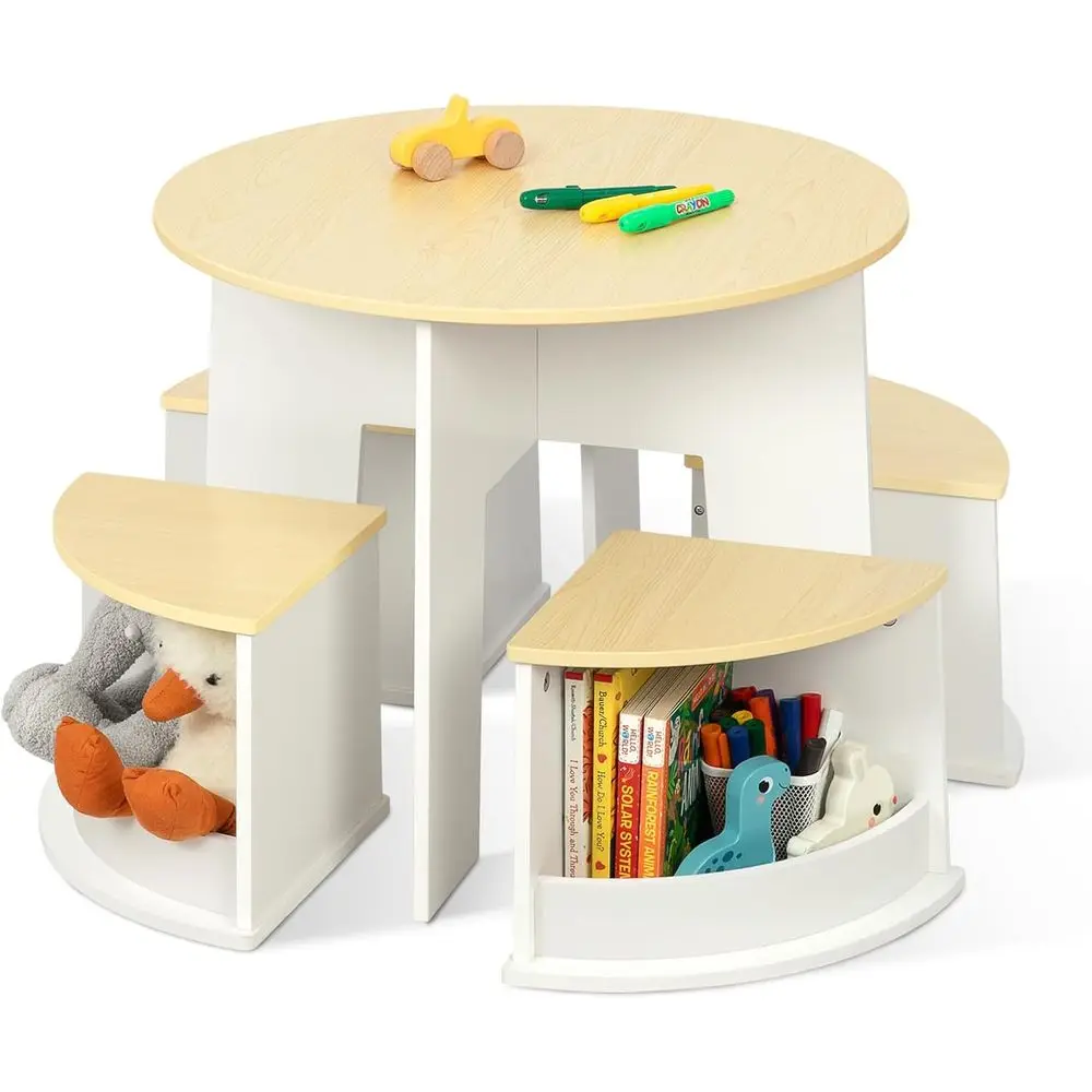 Toddler Table and Chair Set, Wooden Round Table with 4 Storage Stools, Kids Tables and Chairs or Arts, Crats, Read and Play