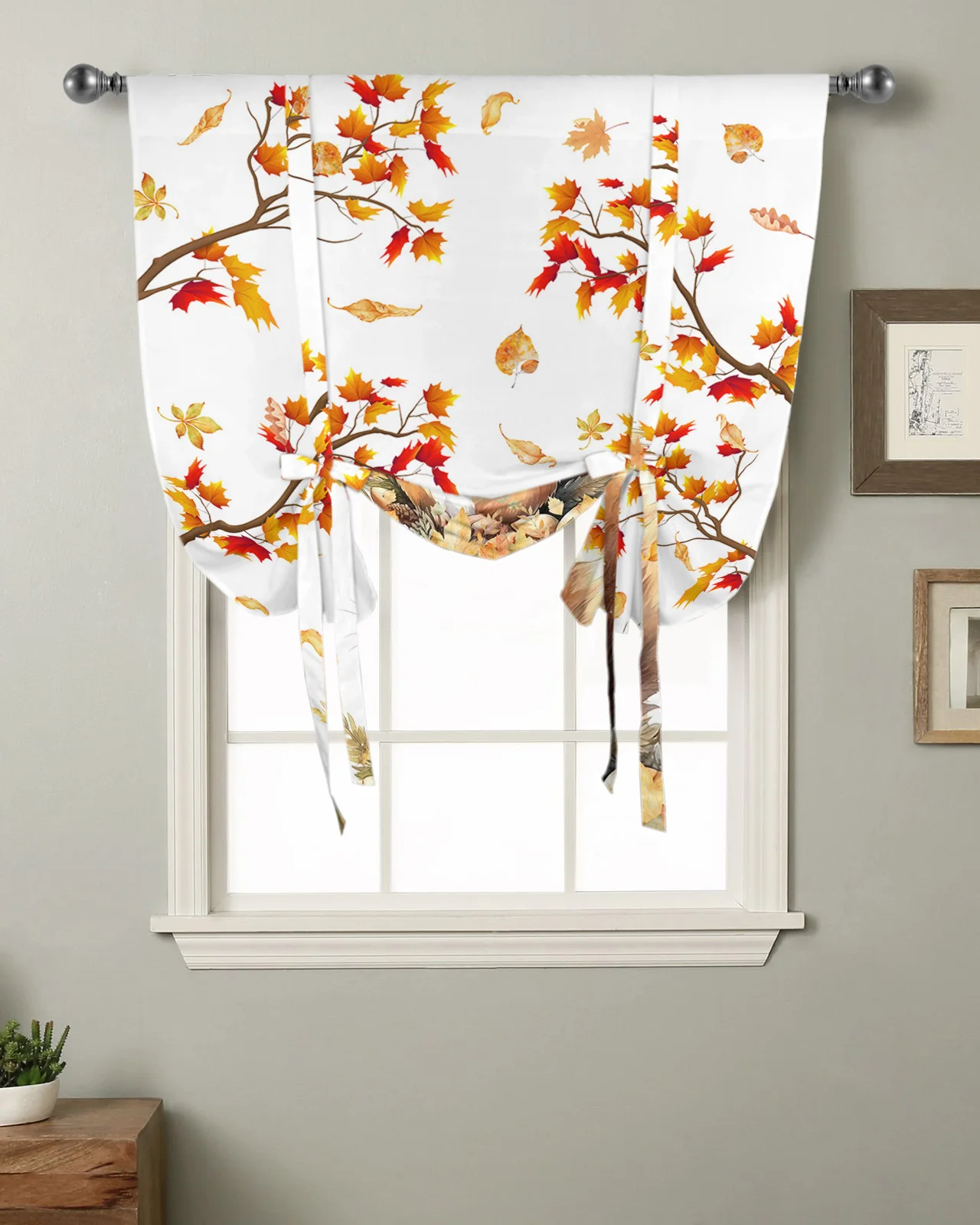 Fall Squirrel Maple Leaf Kitchen Short Window Curtain Rod Pocket Curtains Home Decor Bedroom Small Window Roman Tie Up Curtains