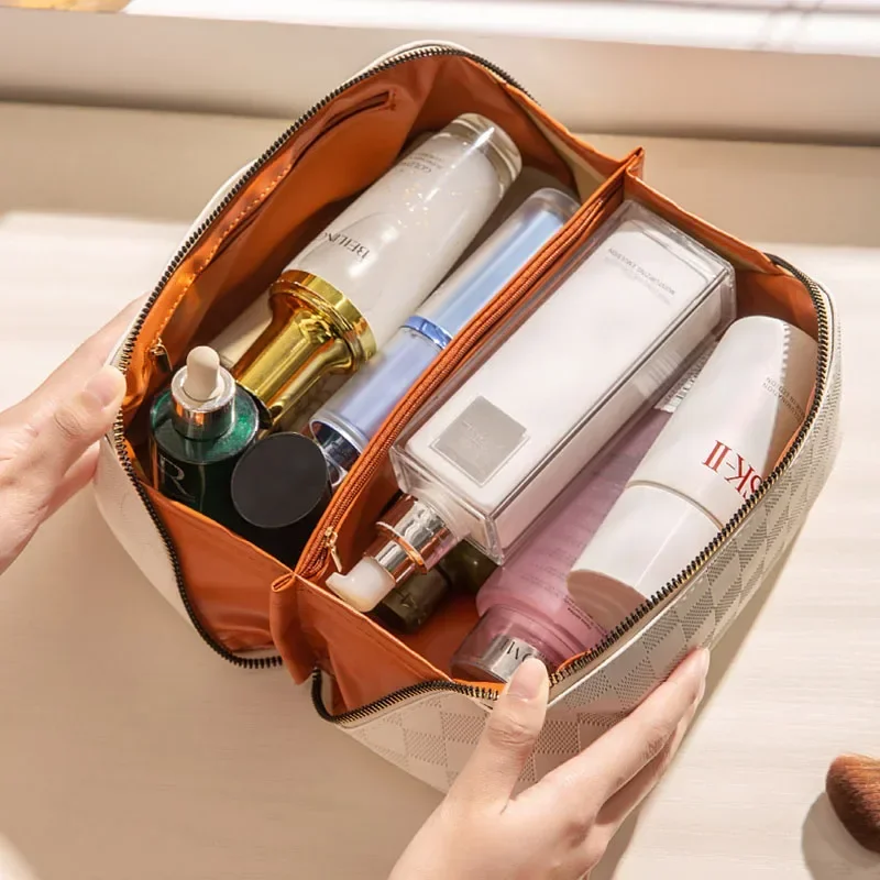 Large Capacity PU Makeup Bag Plaid Pattern Small Square Storage Bag for Toiletry Cosmetics Old Flower Design