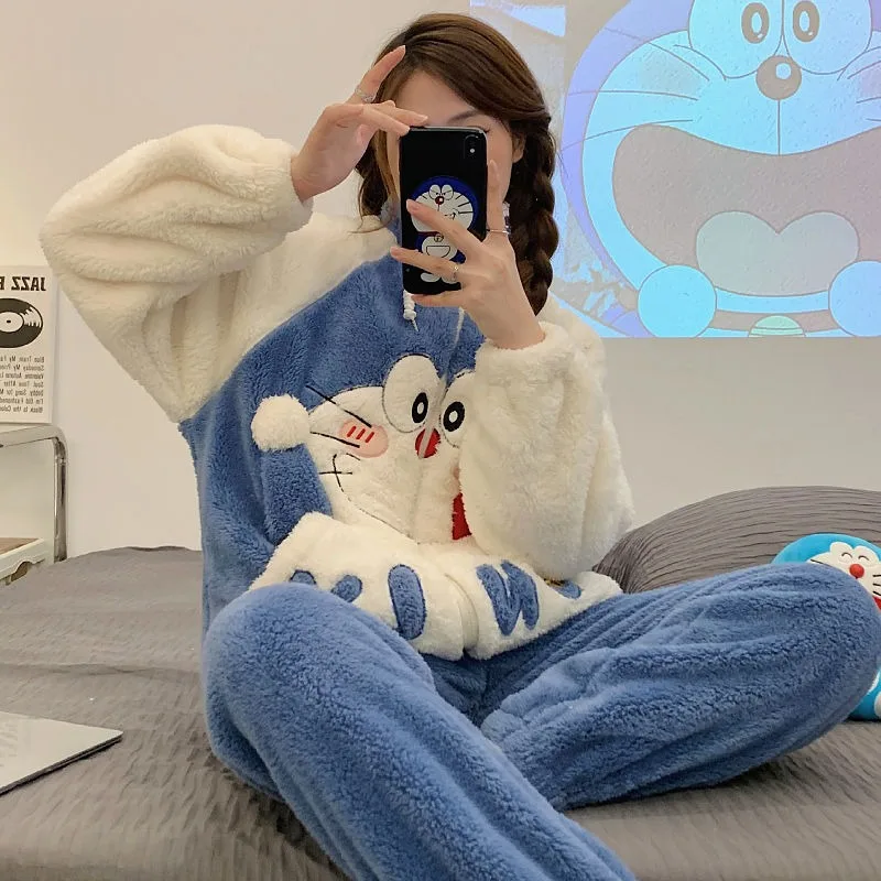 Doraemon pajamas for women autumn and winter plus velvet and thickened coral velvet warm zipper home clothes can be worn outside