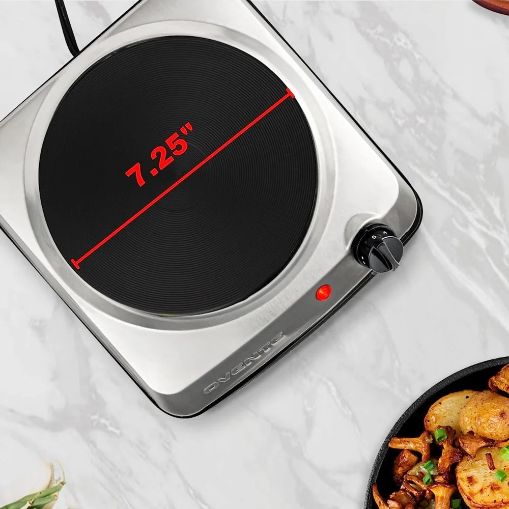 Portable Electric Countertop Single Burner 1000W Cooktop with 7.25 Inch Cast Iron Plate Adjustable Temperature Easy Clean Ideal