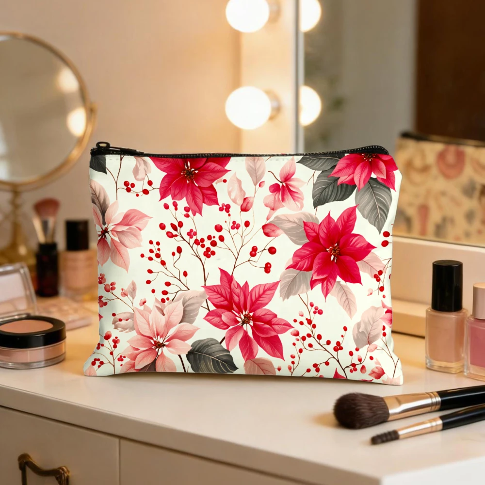 Floral Poinsettia Berries Leaves Pattern Makeup Bags for Girls Cosmetic Pouch Toiletry Bag Pencil Case Travel Storage