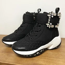 Women Mesh Breathable Square Diamond Crystal Decor Sneakers Buckle Real Leather Casual Clunky Dorky Dad Shoes Ankle Boots Summer