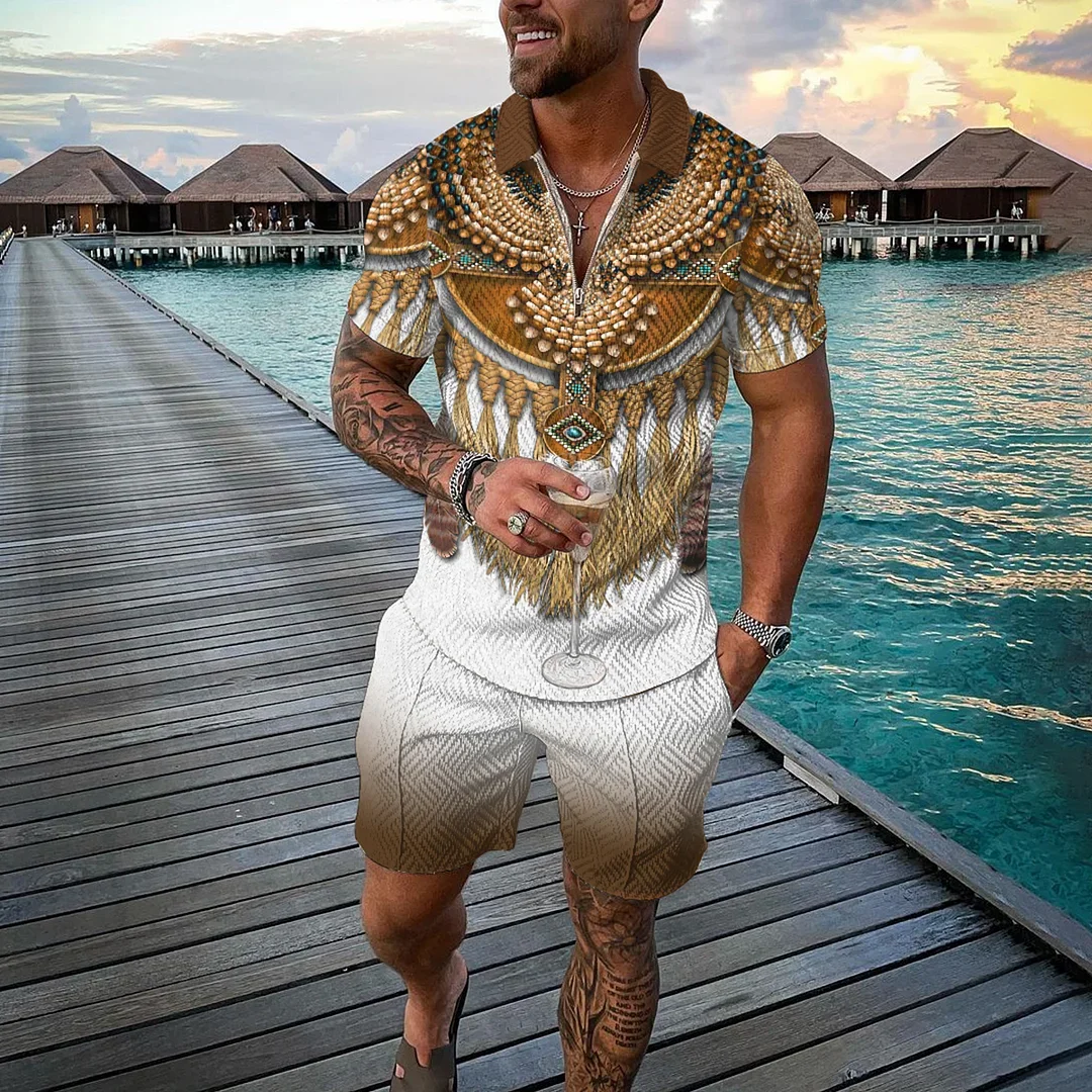 Männer Trainingsanzug Sommer Neue 3D Gedruckt Strand Zipper Polo Shirts Shorts 2 stücke Sets Boho Geometrische Stil Urlaub Kleidung Hohe qualität