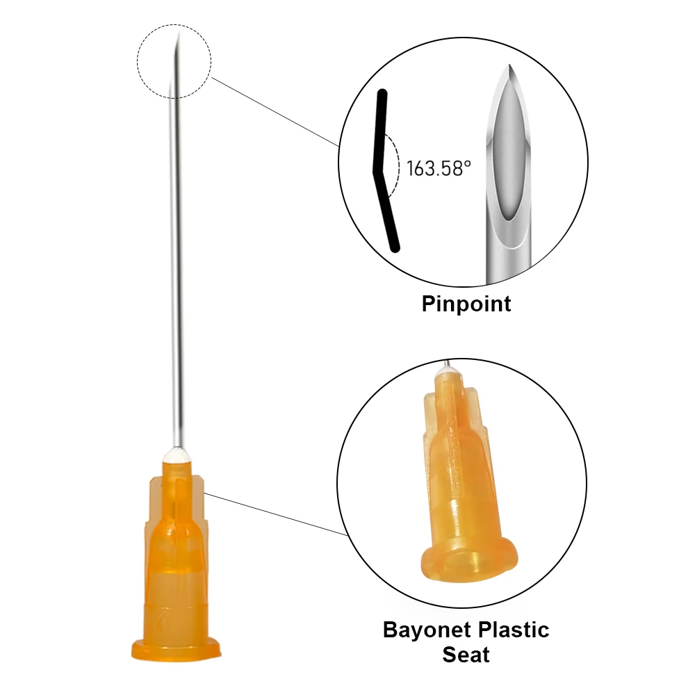 100 pièces/boîte, aiguilles de seringue pointues stériles de 1 pouce/1,5 pouce, spécifications 18G-27G, emballées individuellement pour la distribution de liquides, les soins des animaux de compagnie