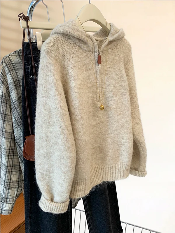 Women's Hooded Knitwear Soft Cozy Half Zip Loose Fit Autumn Winter Casual Style Fashionable New Arrival 2025
