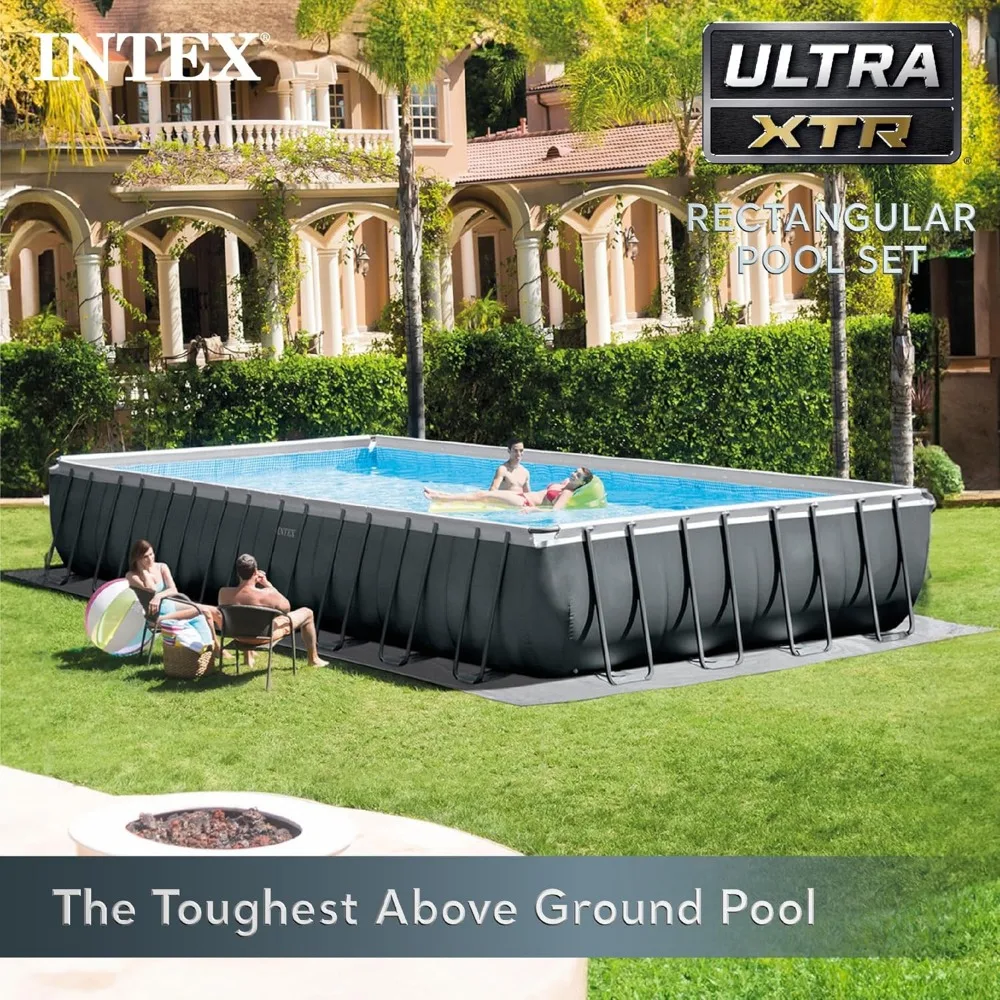 Deluxe Rectangular Above Ground Swimming Pool Set Includes  Sand Filter Pump – Saltwater System – SuperTough Puncture Resistant