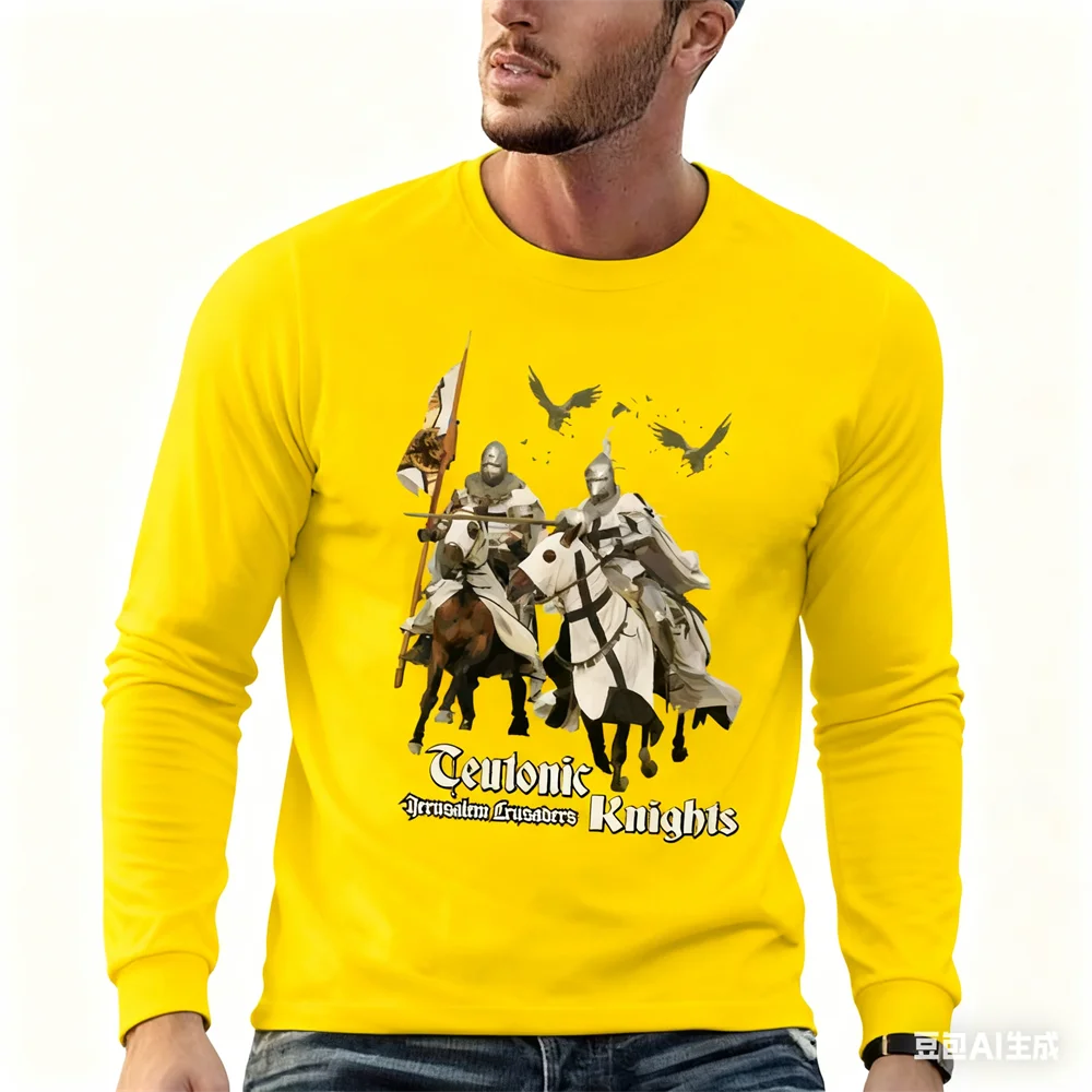 الصليبية تمبلار فرسان ثلاثية الأبعاد طباعة الرجال تي شيرت الربيع والخريف عادية س الرقبة فضفاض القمم موضة قميص قطني بكم طويل تي شيرت #5