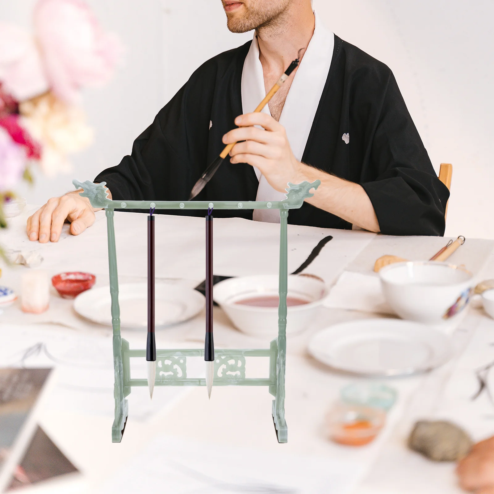 

Solid Wood Calligraphy Brush Holder Double Row Hanging Rack No Drill Installation Plastic Desktop Storage Organizer For