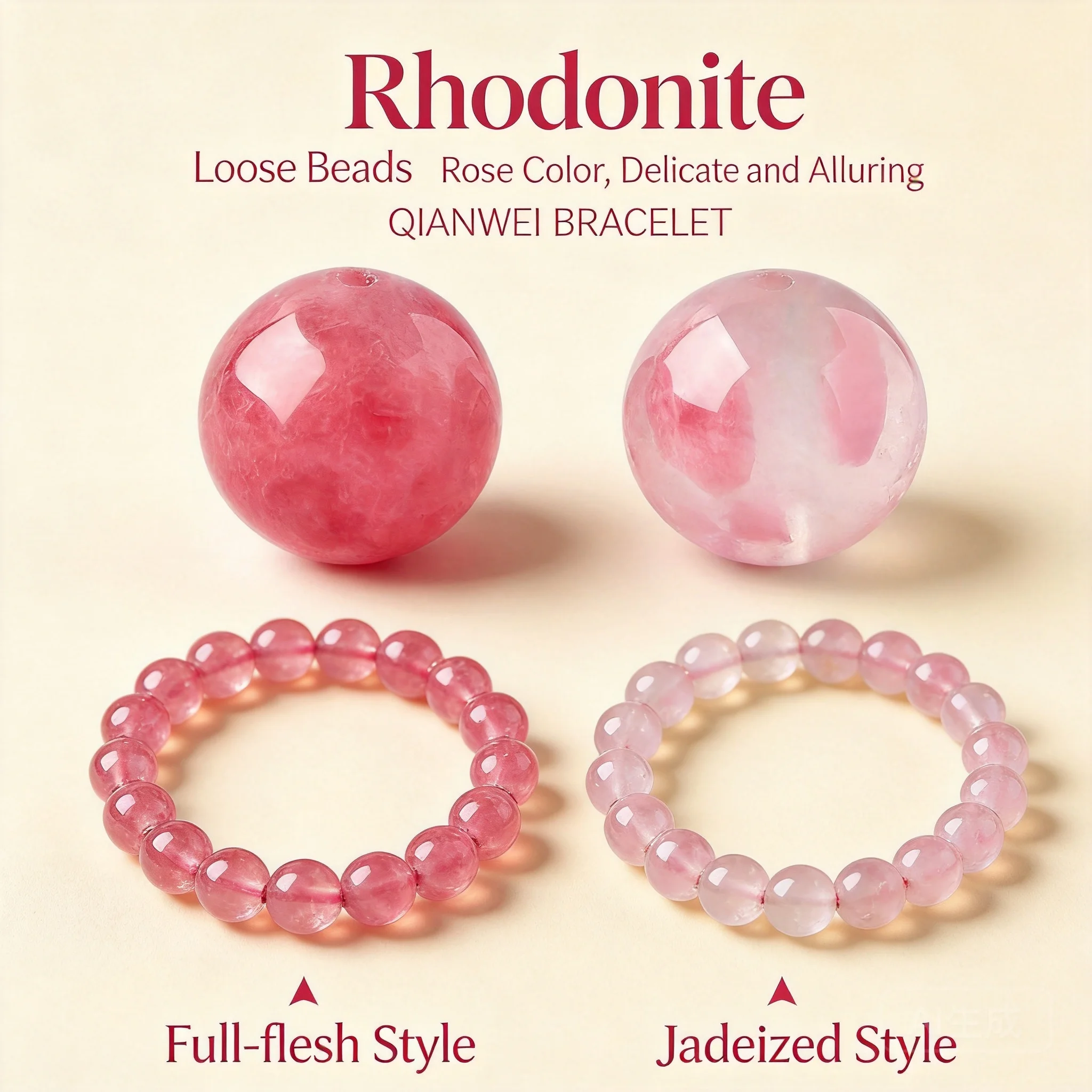 Perles en vrac de rhodonite rose naturelle style chinois, type jade, 7-13,5 mm, pour la fabrication de bijoux DIY (bracelets, colliers) et la prospérité
