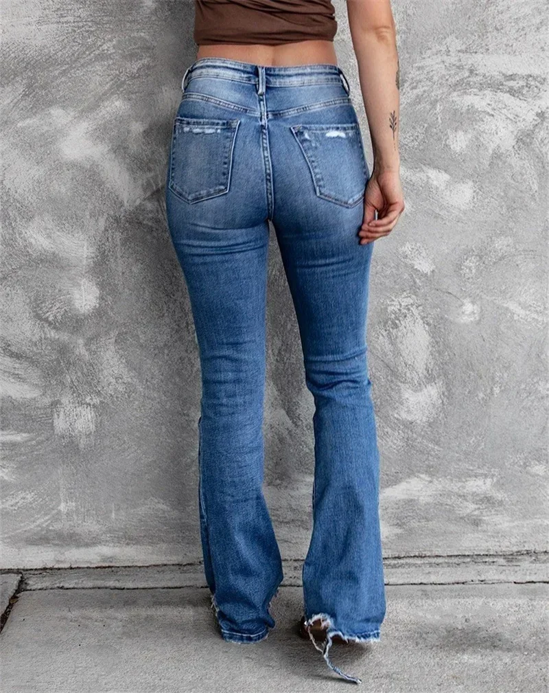 Vintage zepsute dziury rozkloszowane dżinsy Streetwear wysokiej talii zmywalne bawełniane spodnie dżinsowe spodnie z guzikami dla kobiet w nowym amerykańskim stylu