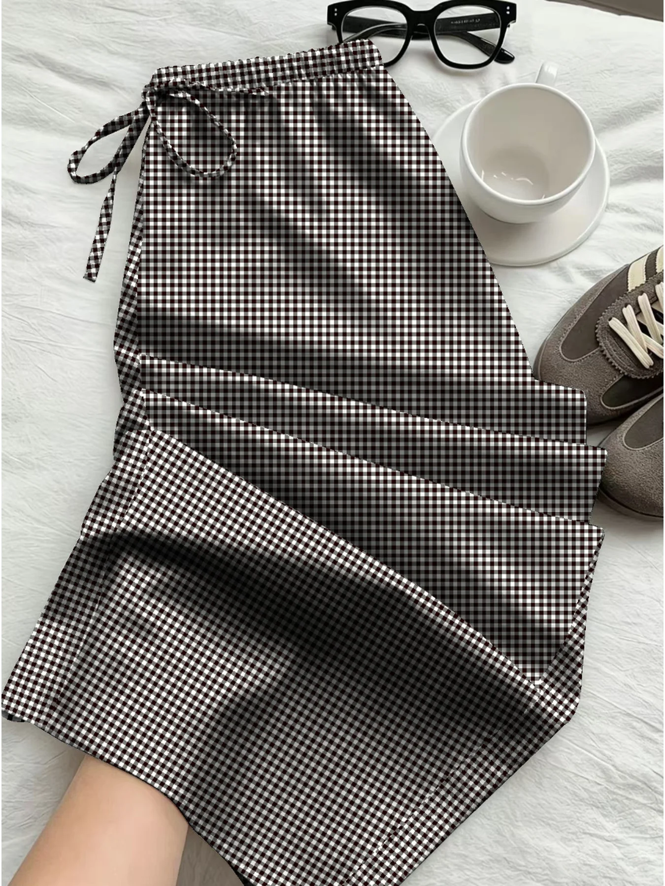 Damen-Hose mit Karomuster und Farbblock-Design, tailliert, lässig, bequem, mit Trägern, hoher Bund – Detail 2