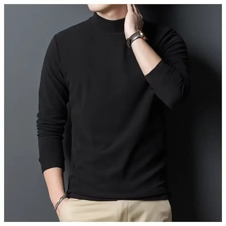 2023 Autumn/winter Men's Half Polo Turtle Neck Base Layer Top Double Sided Fleece Korean Inner Warm Medium Neck Sleeve T-shirt