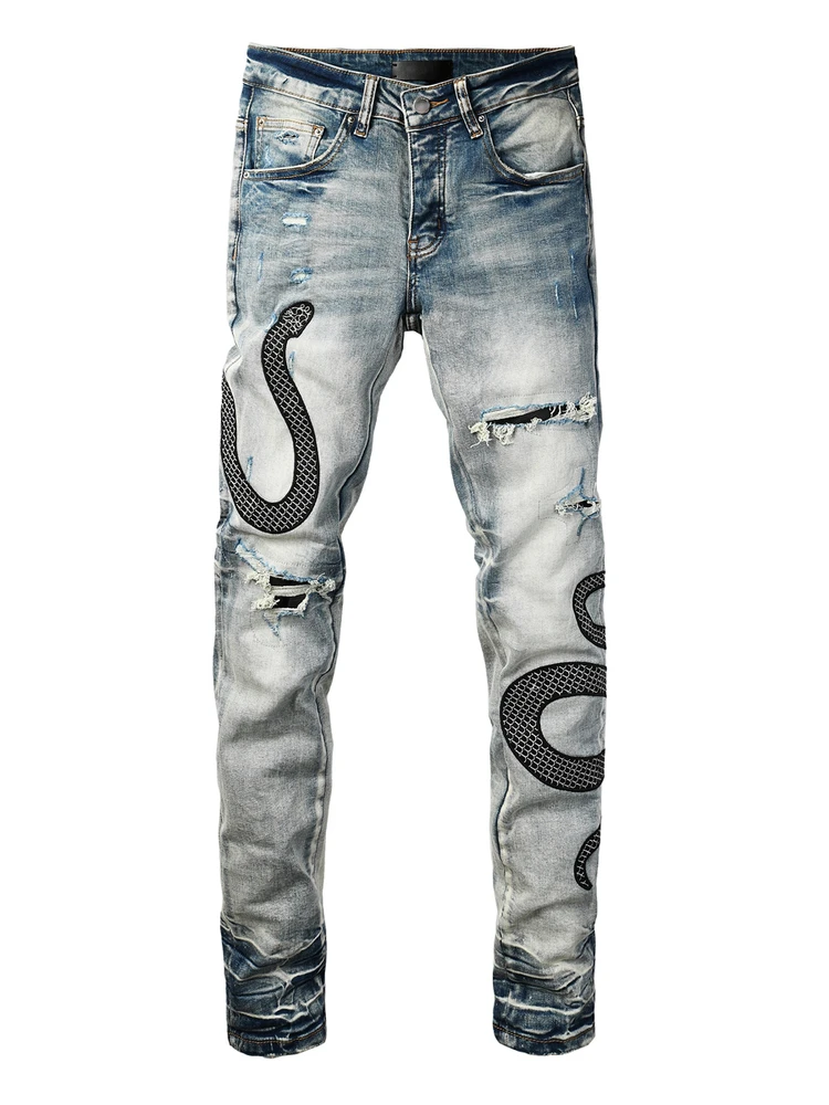 

Облегающие американские джинсы, мужские рваные джинсовые брюки со змеиным принтом, модная городская одежда, молодежные повседневные длинные брюки