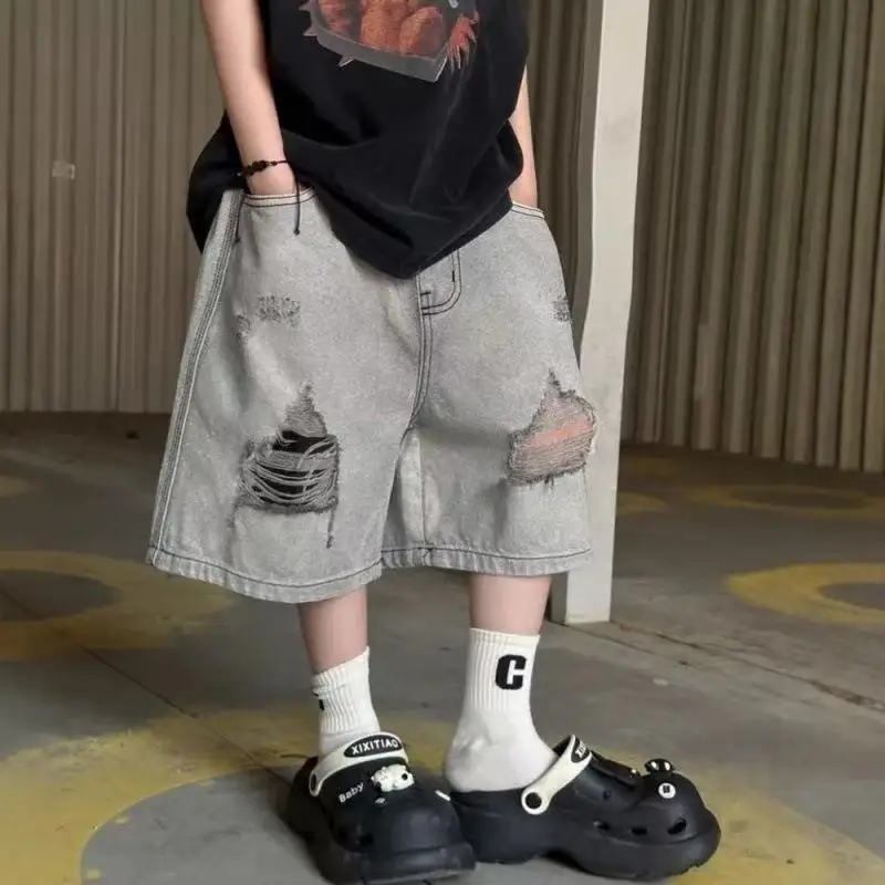 

Boys' Distressed Denim Shorts Summer New Loose Fit 5 Cargo Pants Trendy Kids' Summer Essentials
