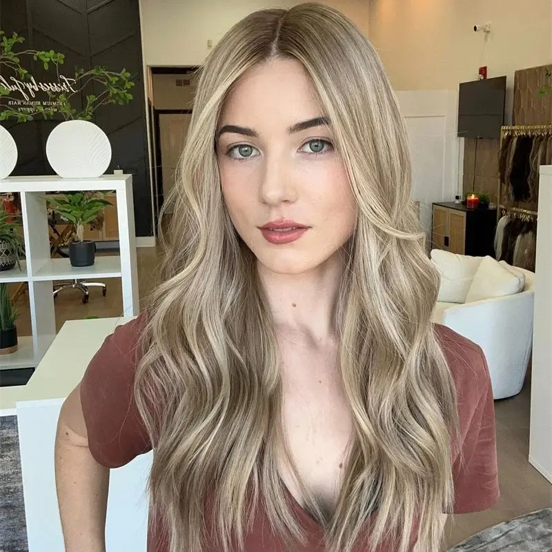 Blonde Lace Front Wig For Women Long Wig Dark Root Ombre Wig Natural Looking Middle Part Hairline Frontal Lace Wig Realistic