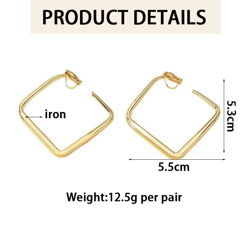 Modische Goldfarbene Große Quadratische Creolen für Damen, Übertriebene Metallische Geometrische Unregelmäßige Kreis-Ohrclips ohne Piercing, Schmuck – Detail 1