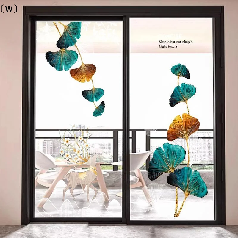 〔W〕2Pcs Anti-static Flower Koi Sticker Plastic 3D Effect Golden Lotus Wall Sticker Chinese Style Glass Door Sticker