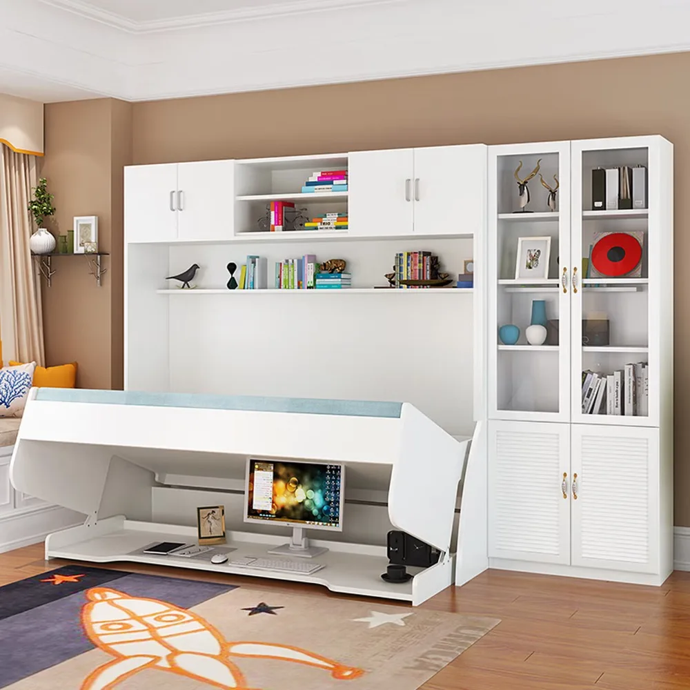#Assembled 1.2m Murphy Bed With Desk And Mattress Complete Piano Folding Wall Bed Kit With Top Cabinet Space Saving Single Frame