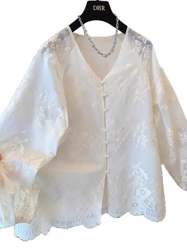 Ele Embroidered Lace irt Summer High-End Feeling Large Size New Chinese Sle National Trend Loose Fit Women's irt