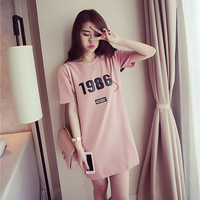 Women's Summer Korean Edition Medium And Long Sleeve T-Shirt Printed Crew Neck Loose Large Size Dress Women