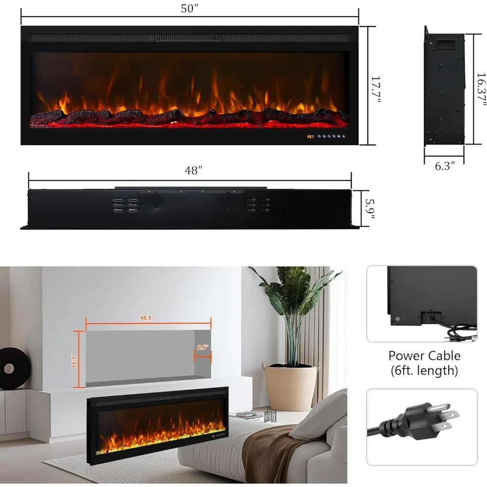 50-Inch Smart Wall-Mounted Electric Fireplace with App Compatibility and 13 Flame Color Combinations