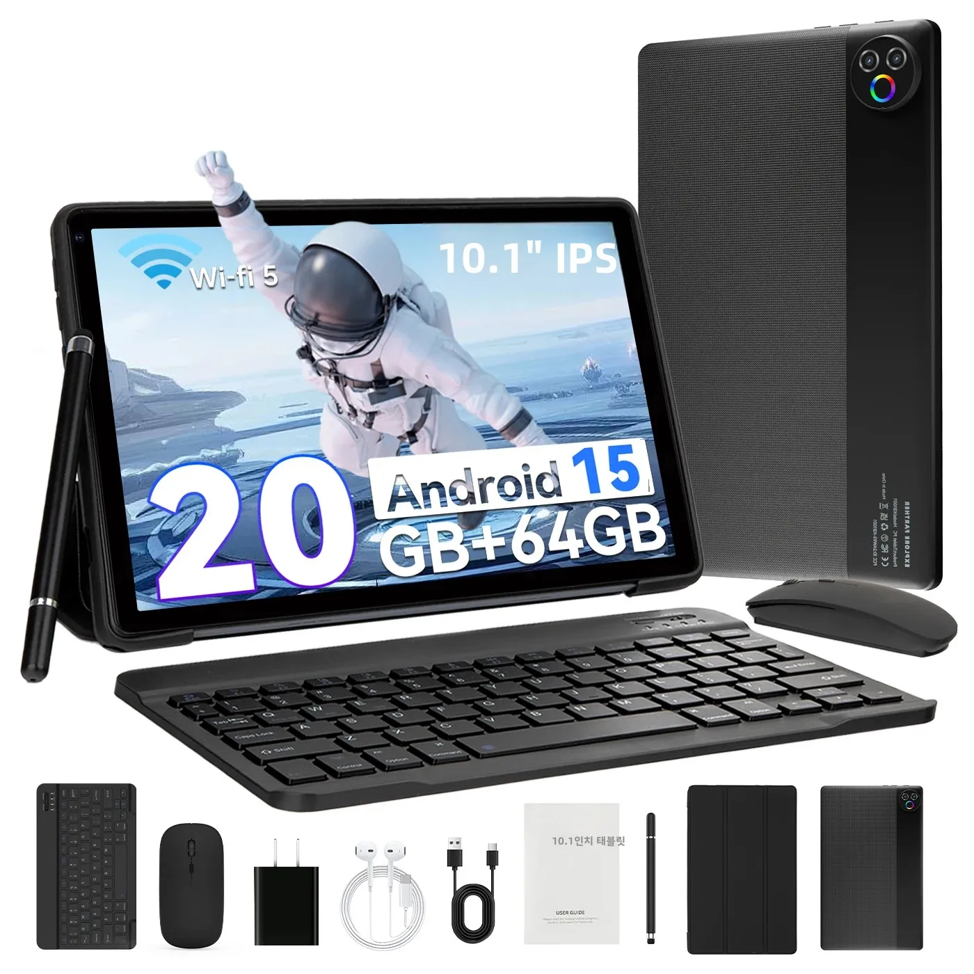 URAO 10인치 안드로이드 15 OS GMS 인증 태블릿 1.8GHz 20GB 램 64GB 롬 1TB 확장 가능 HD IPS 터치 스크린 듀얼 카메라 PC 패드