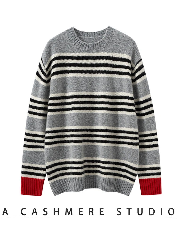 

CHICUU Autumn Winter Women Striped Pullover 100% Cashmere Knit Sweater O-neck Long Sleeve Pullover Casual Style Cashmere Jumper