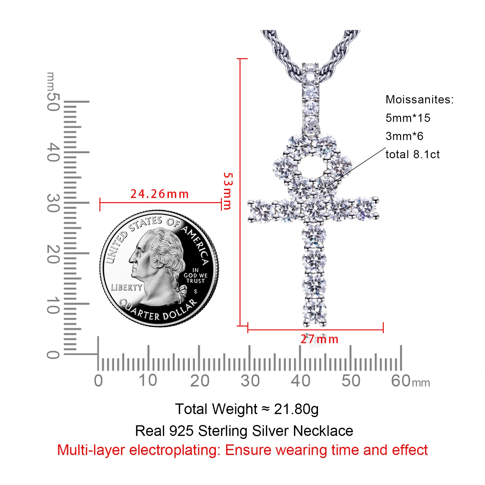MossanRappr 8.1cttw D Color Moissanite Diamond Cross Necklace for Men Women 925 Sterling Silver Luxury Iced Out Hip Hop Pendant