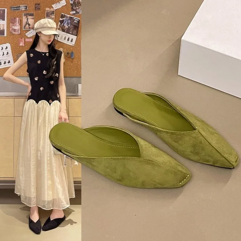 2026 New Trend Women Backless Mules Square Toe Flat Heel Slip‑on Cozy Spring Autumn Dress Slippers for Office Daily Casual Wear