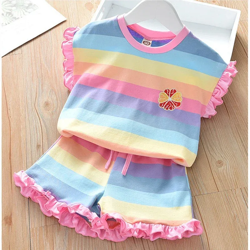 Children\'s Clothing Sets Girls Floral Embroidery Striped Short Sleeve Top+Shorts 2Pieces Baby Tracksuit Kids Sport Suits 2-7