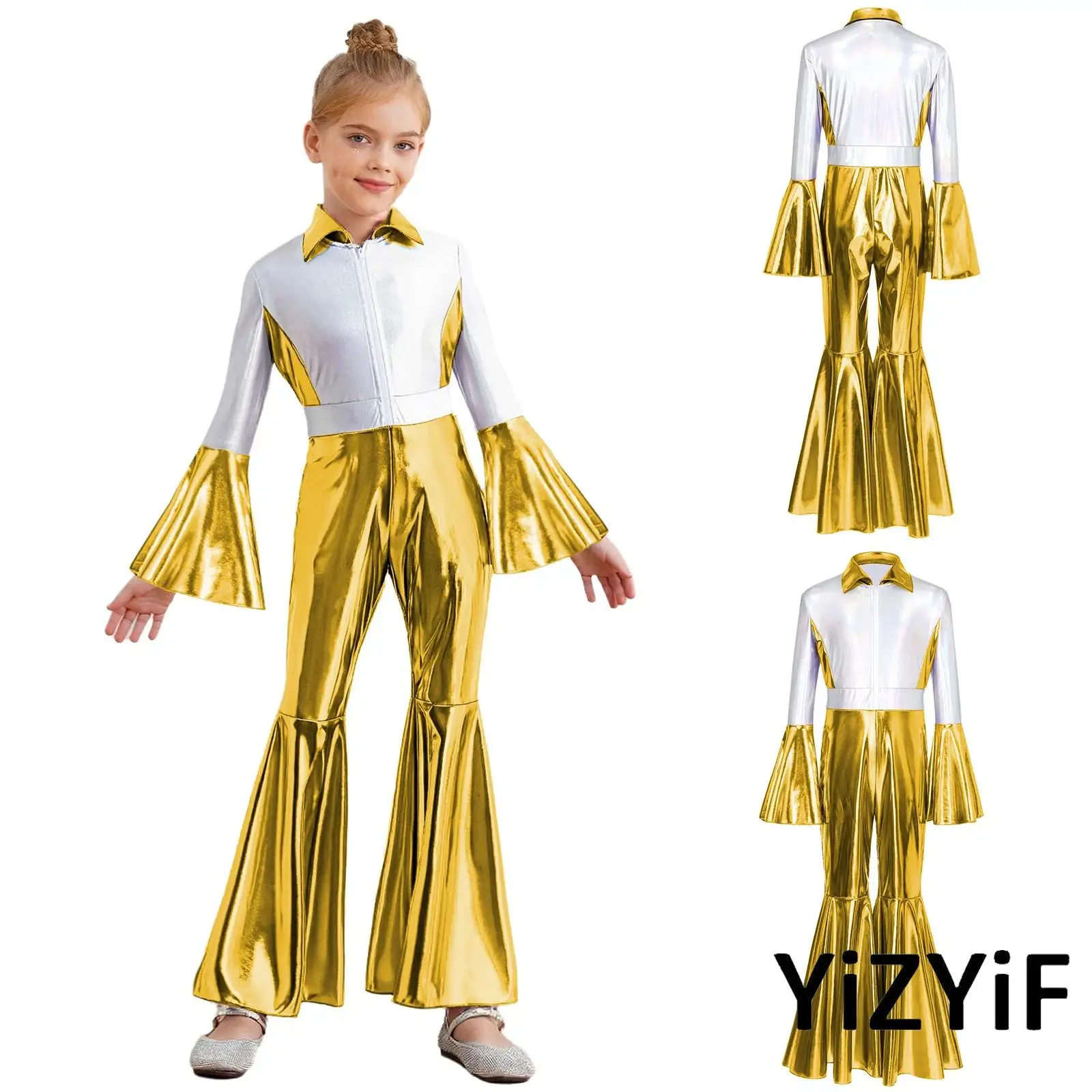 

Kids Girls Stage Dance Performance Costume Glitter Jumpsuit with Turn Down Collar And Flared Legs for Halloween Disco Night