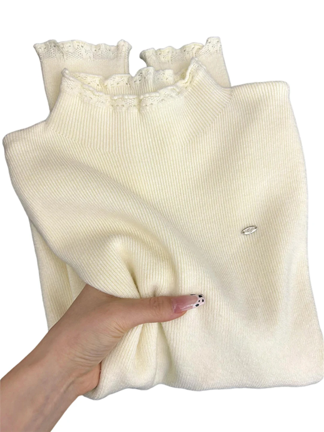 المرأة f-الياقة العالية طويلة Sve محبوك أعلى إيرليت الدانتيل تقليم طبقات قاعدة irt الكورية Sle الخريف الشتاء Faion #5