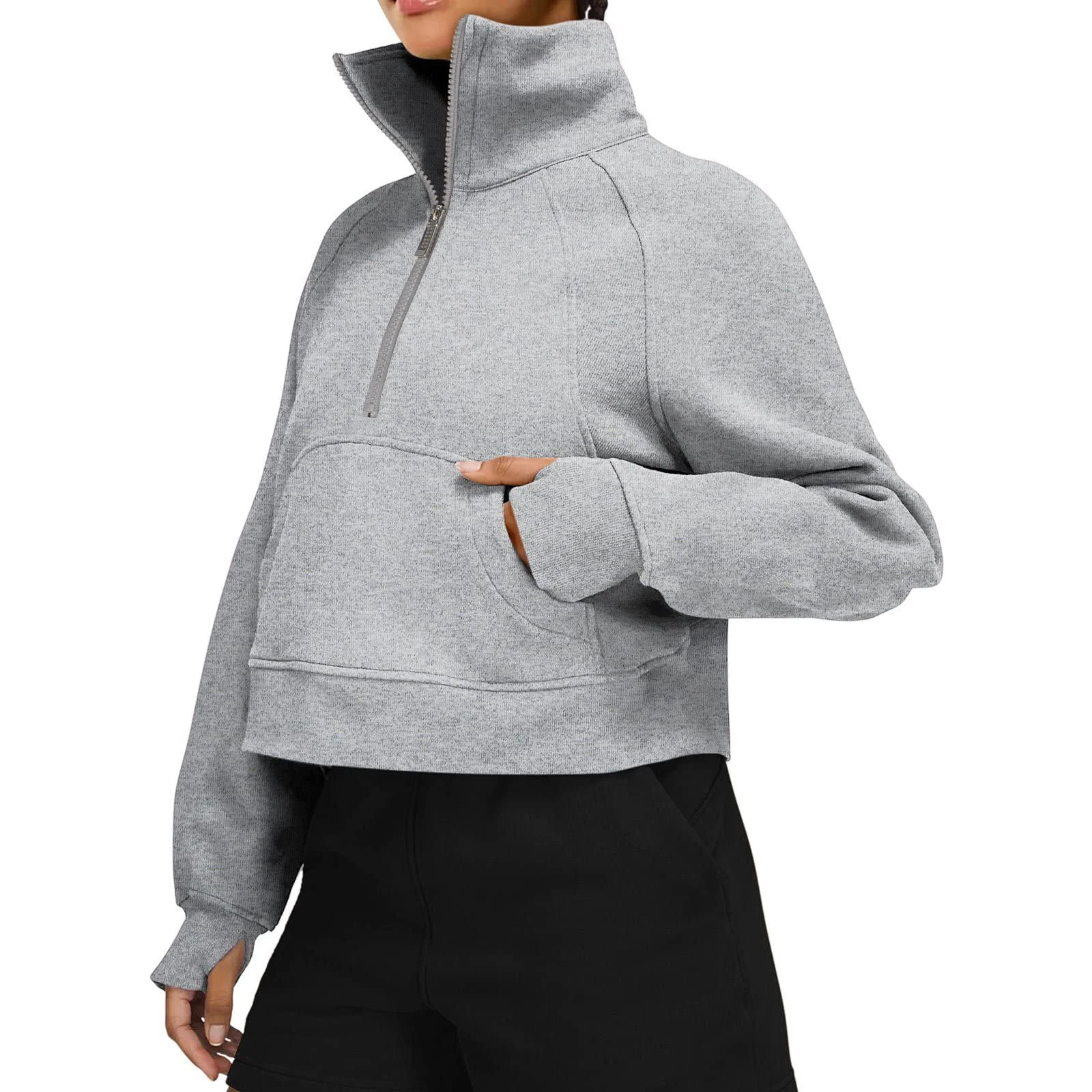 Women Stand Collar Pullovers Long Sleeve Solid Color Half Zip Front Pocket Sweatshirts Spring Autumn Loose Tops