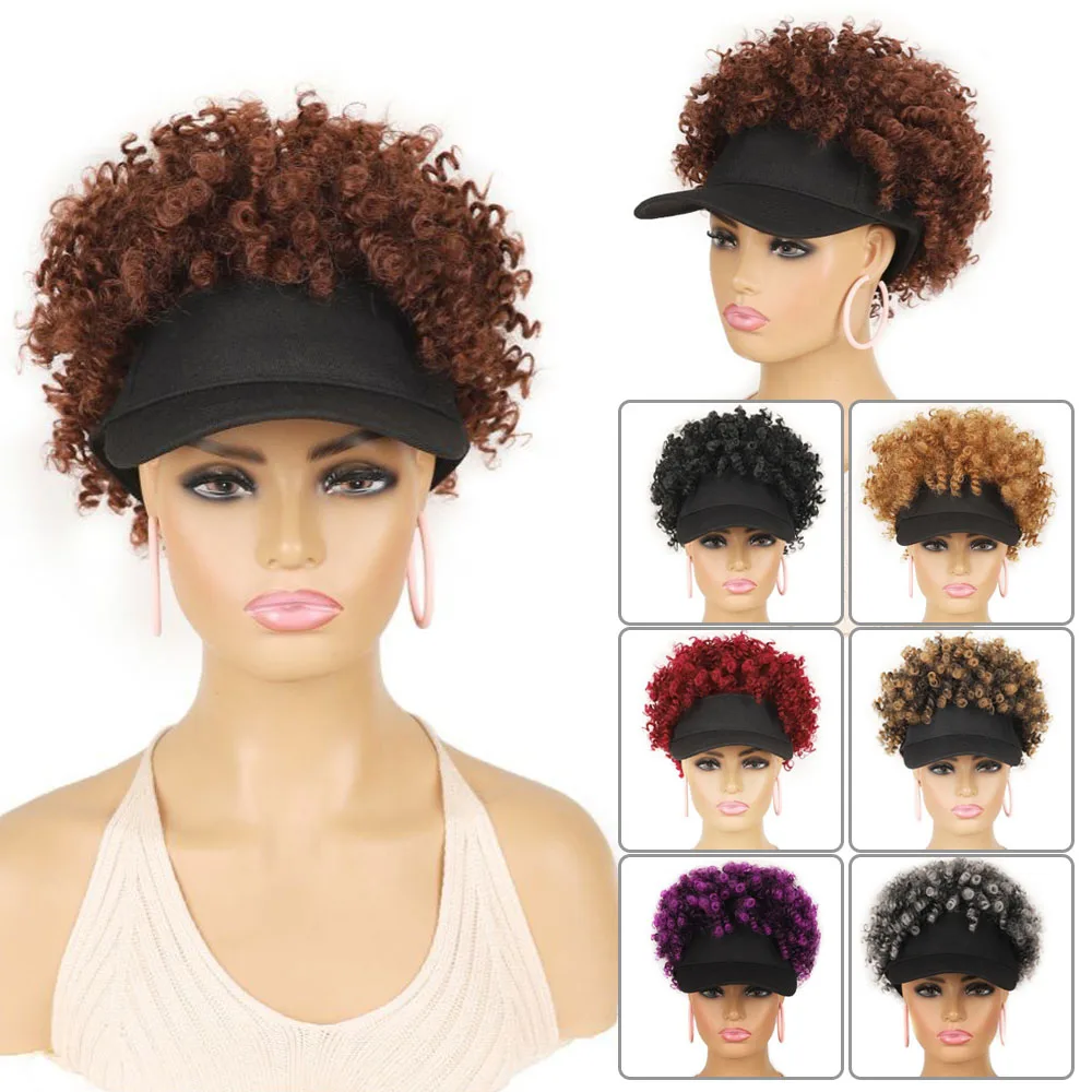 

Synthetic Hair Wigs With Black Hat Cap Wig Short Kinky Curly Scarf Afro Wigs for Black Women Daily Use