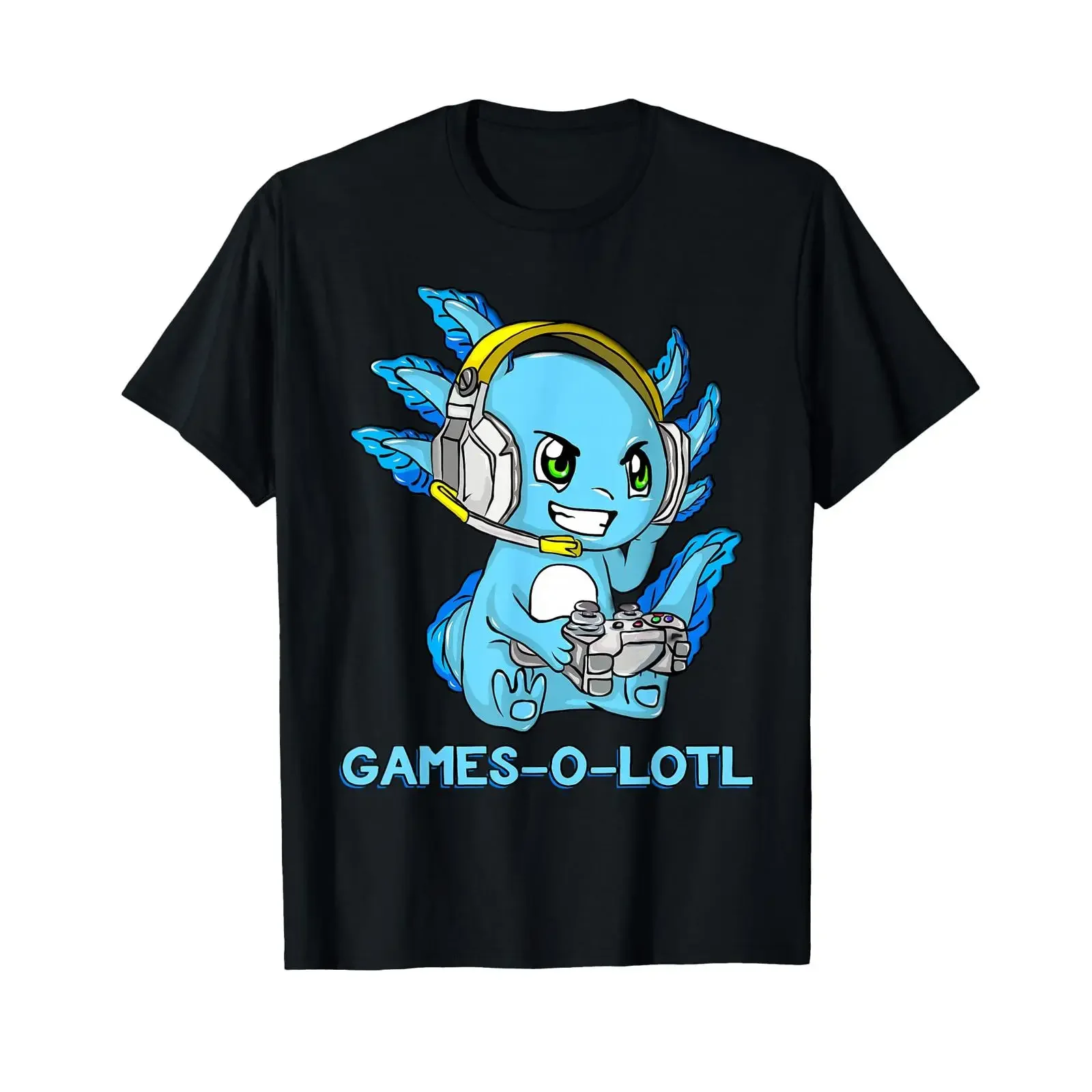 Gamesolotl Axolotl Gamer with Headset Cute Anime Kawaii T Shirt vintage Washed Comfortable Soft fashion Slightly Versatile