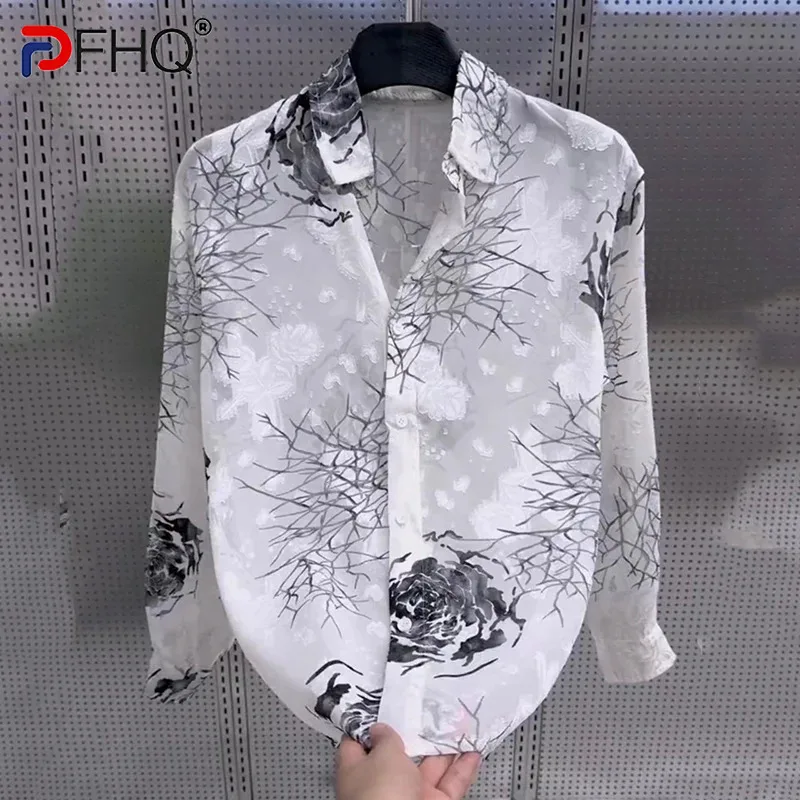 

PFHQ Summer Painting Jacquard Long Sleeved Men's Shirt Fashionable Versatile Casual 2024 Turn-down Collar Tops 21Z5100