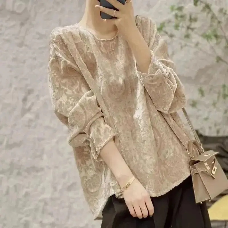 Camicetta Jacquart con o-collo kaki moda coreana donna primavera autunno nuova camicia da donna di fascia alta a maniche lunghe allentata