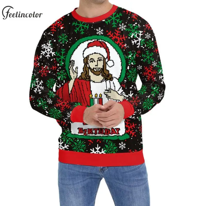 

Jesus Birthday Christmas Graphic Sweatshirt for Men Xmas Dog Elk 3D Print Pullover Family Matching Hoodies Autumn Couple Clothes