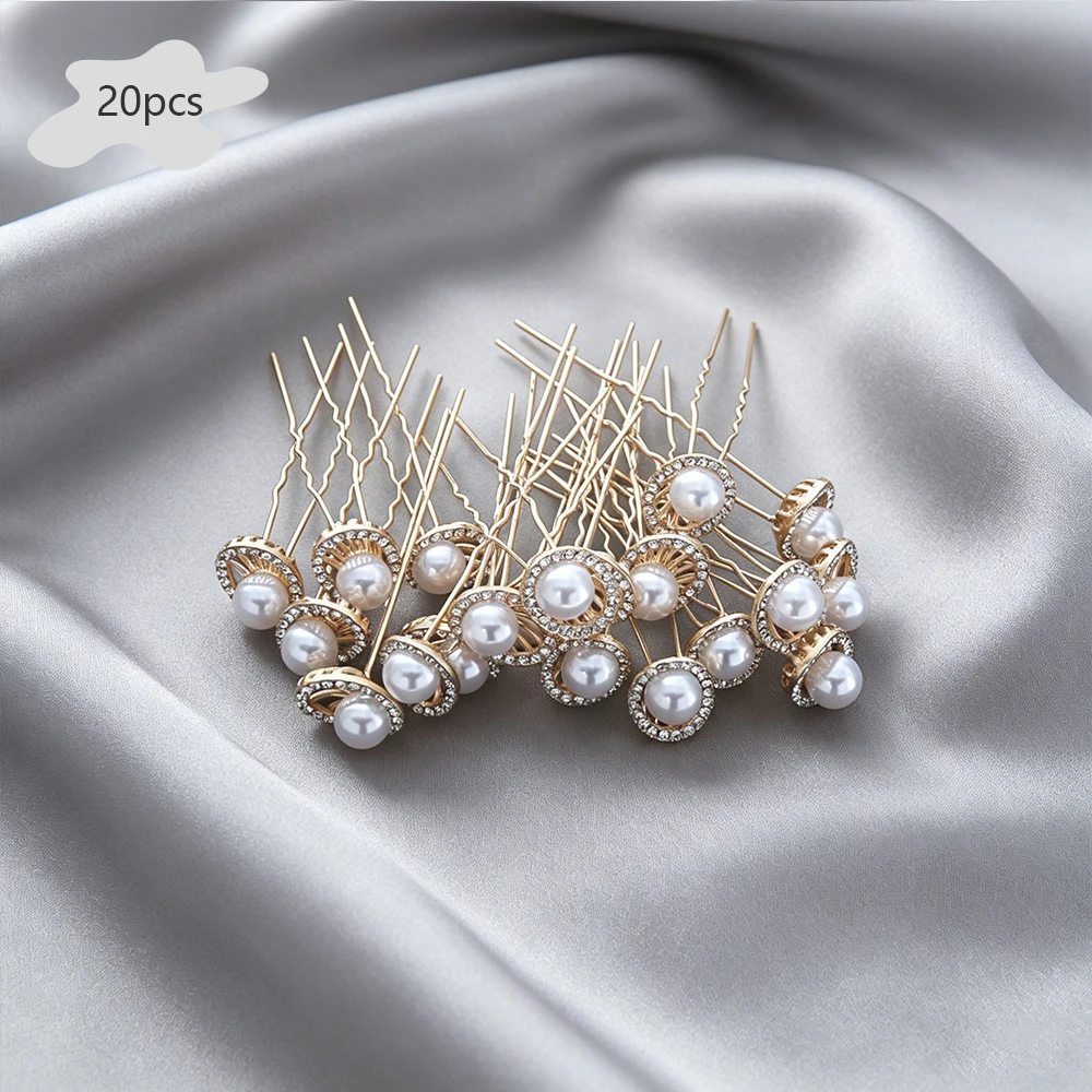 20pcs Bohemian Gold Imitation Pearl Hair Clip Set Elegant Bridal Wedding Hair Accessories Retro Crystal Fashionable Hair Stick