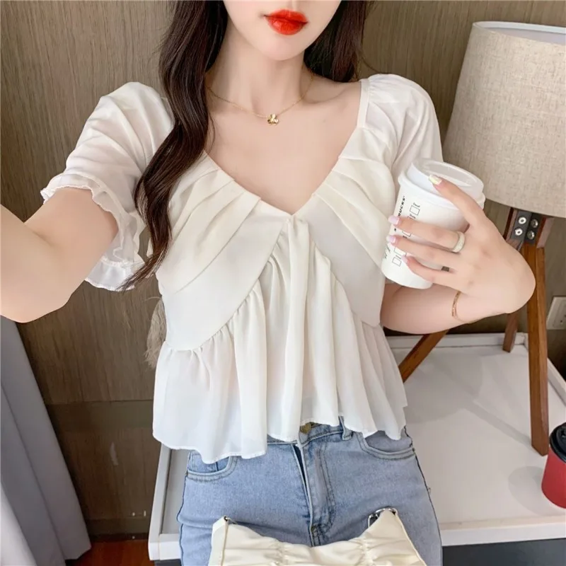 

Women Clothes Summer Korean Fashion Simplicity Elegant Pleated Solid Color V-neck Chiffon Femme All-match Puff Sleeve Short Slee