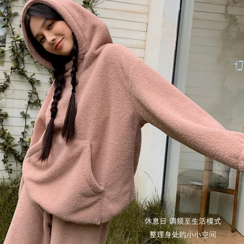 Velvet Auutmn Winter Pajamas Set Hooded Double-sided Padded Homewear 2 Piece Suit Pocket Soft Warm Casual Solid Color Loungewear