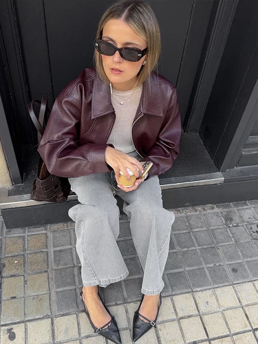 Imagen 2 del producto Chaqueta con cremallera Nibber para mujer de piel sintética otoño tendencia solapa manga completa Hottie Moda Moda versátil estilo básico abrigos