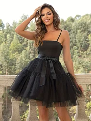 Spaghetti Straps A-line Homecoming Dresses With Bow Belt Tulle Square Collar Backless Pleated Mini Prom Dress Simple Party Gown